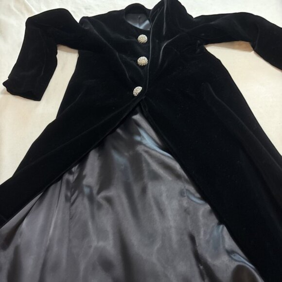 VTG Black Velvet Duster Coat Rhinestone Buttons Long 60's Luxury Romantic Sz S - Picture 10 of 14